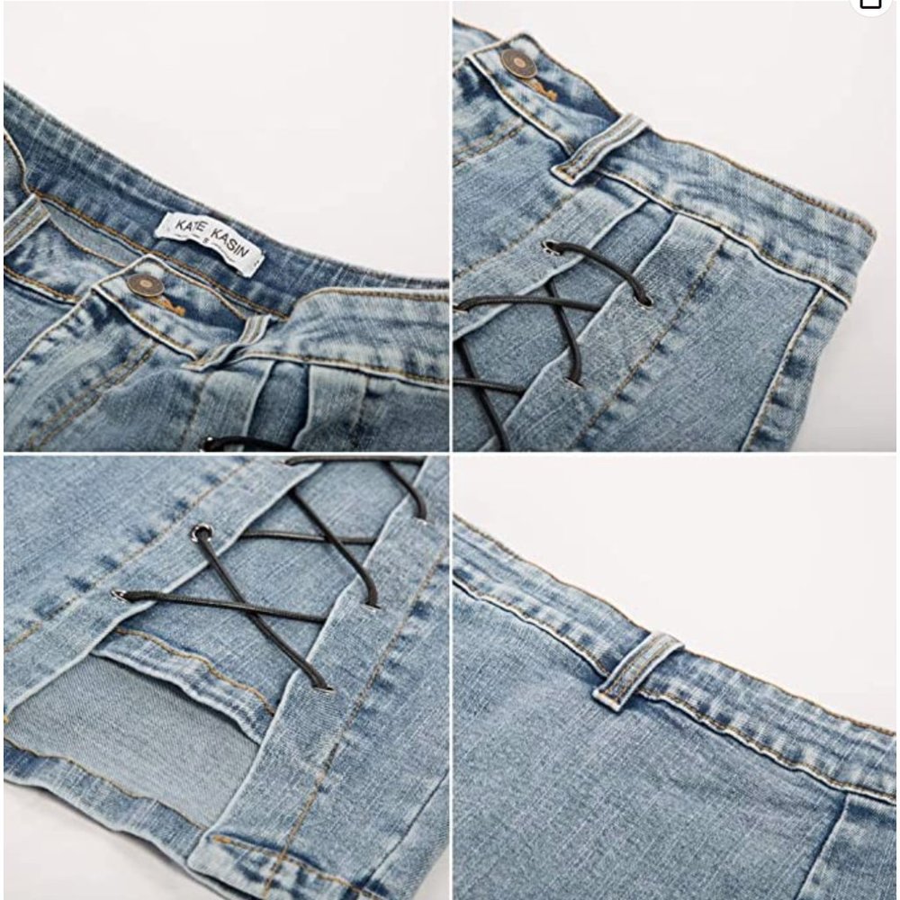 Light Wash Lace Up Denim High Waist Asymmetrical Cut Out Jean Mini Pencil Skirt - Picture 6 of 7